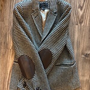 J. Crew Black and White Houndstooth Blazer with Brown Elbow Patches